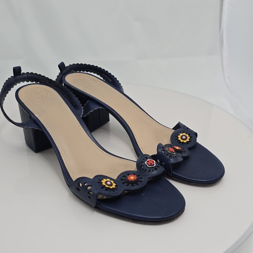 MISSING ANKLE STRAPS Tory Burch 11 M Marguerite Floral Cutout Chunky Block Heels